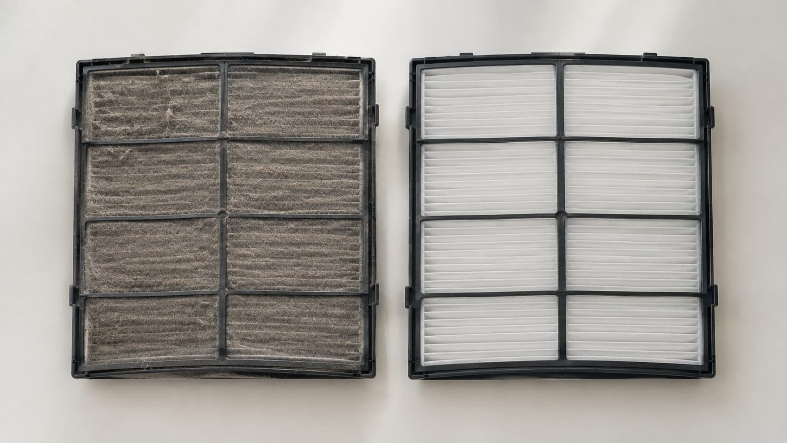 Before and after A/C filter cleaning during autumn A/C maintenance in Dubai