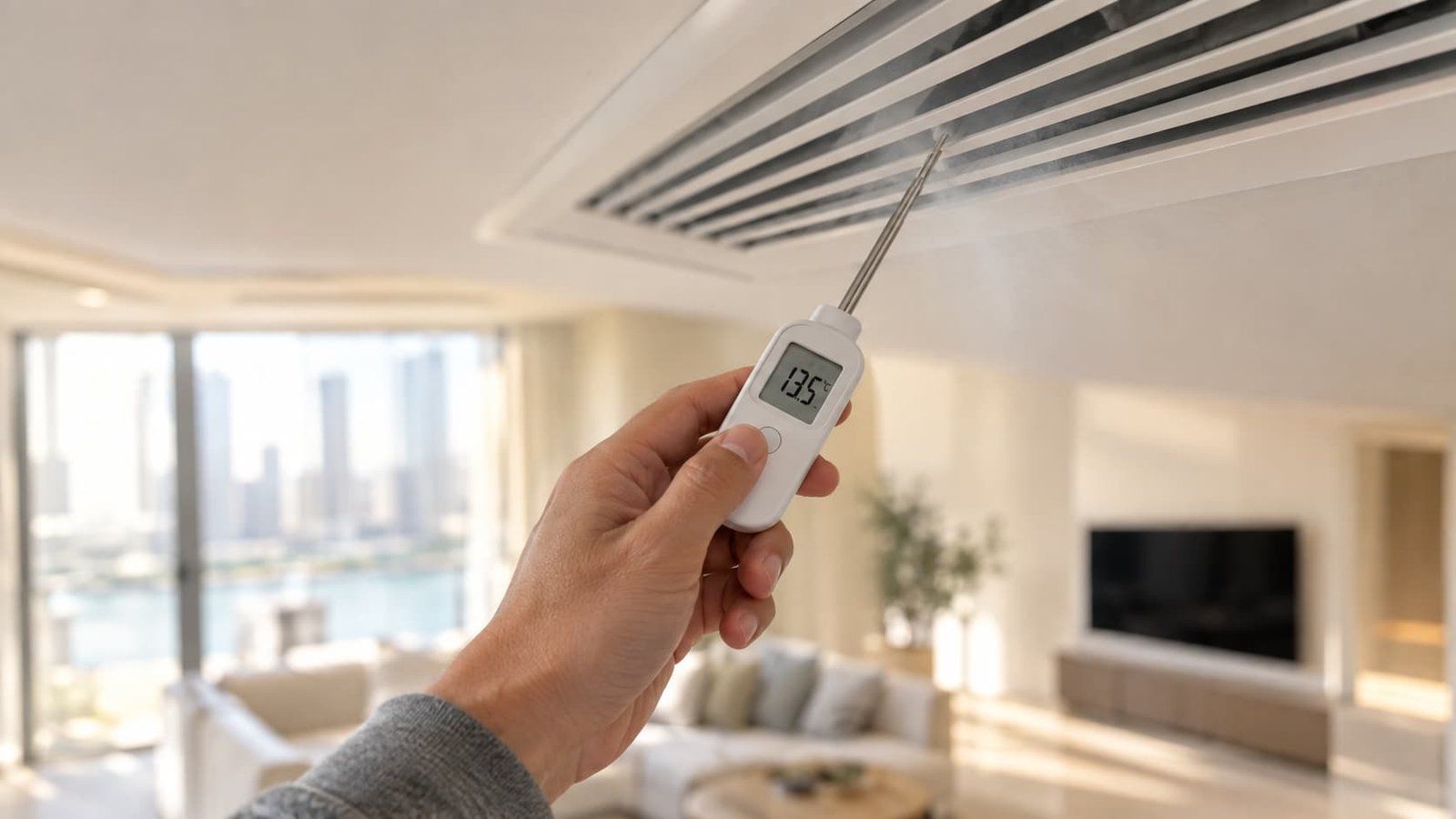 Checking A/C supply air temperature with a thermometer in a Dubai home