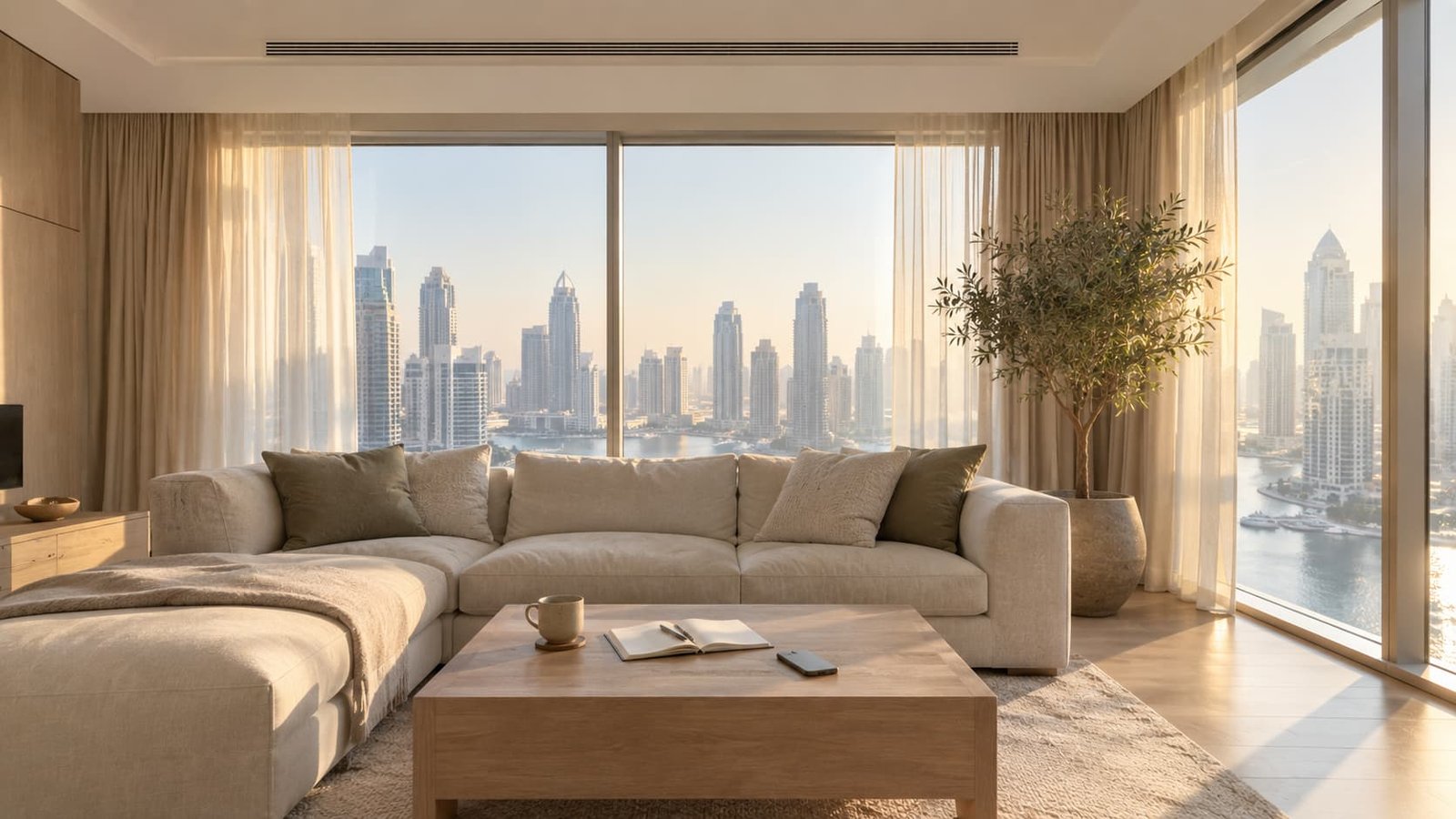 Calm Dubai Marina apartment on an autumn morning with a ceiling A/C grille, the best time to book A/C maintenance