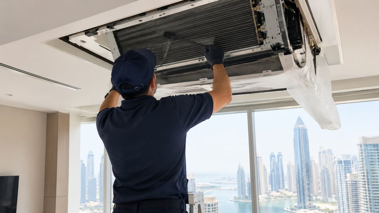 Technician deep cleaning an A/C fan coil unit in a Dubai Marina apartment