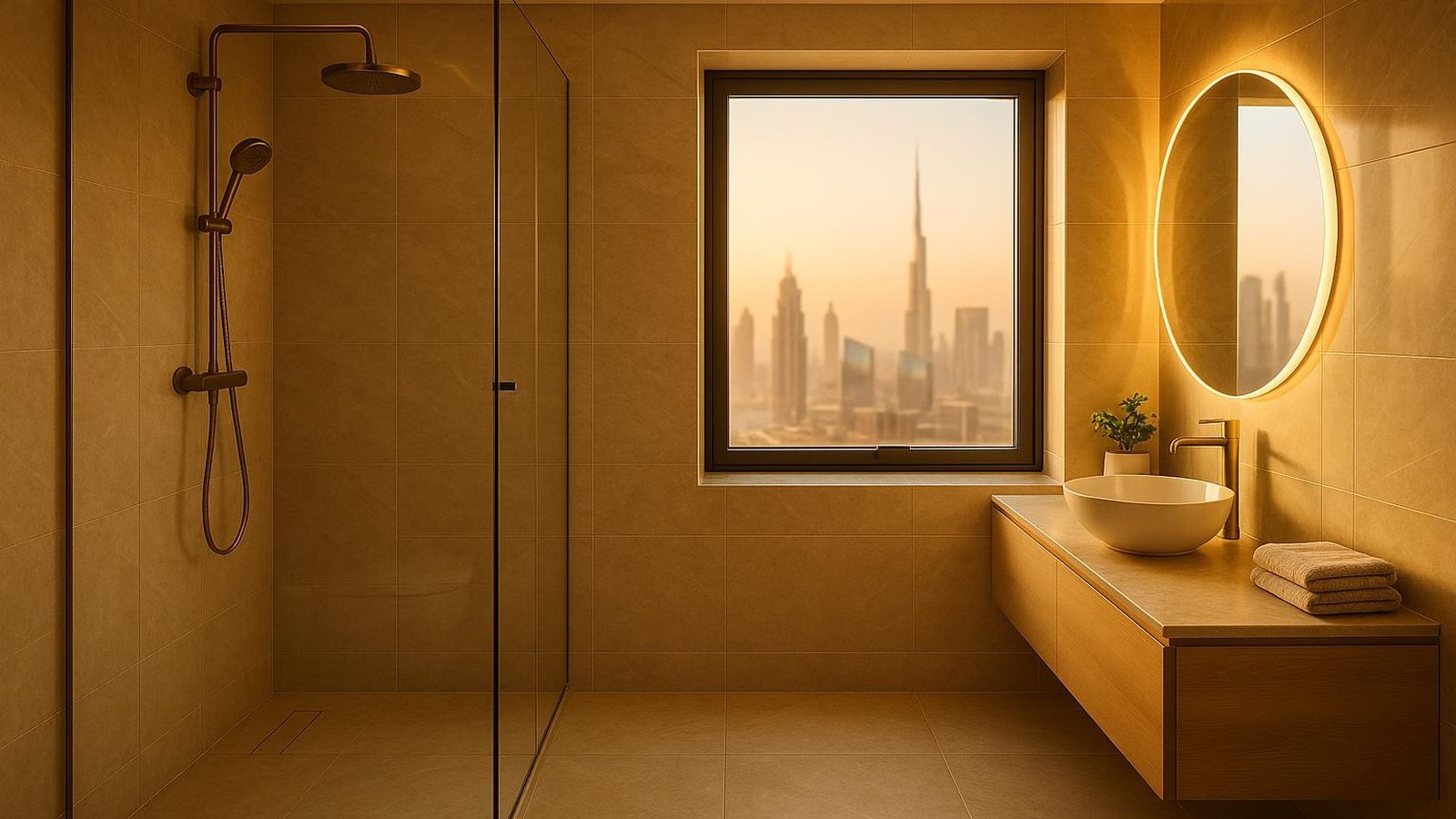 Warm modern Dubai apartment bathroom with a frameless glass shower, floating oak vanity, large format tiles and a skyline view