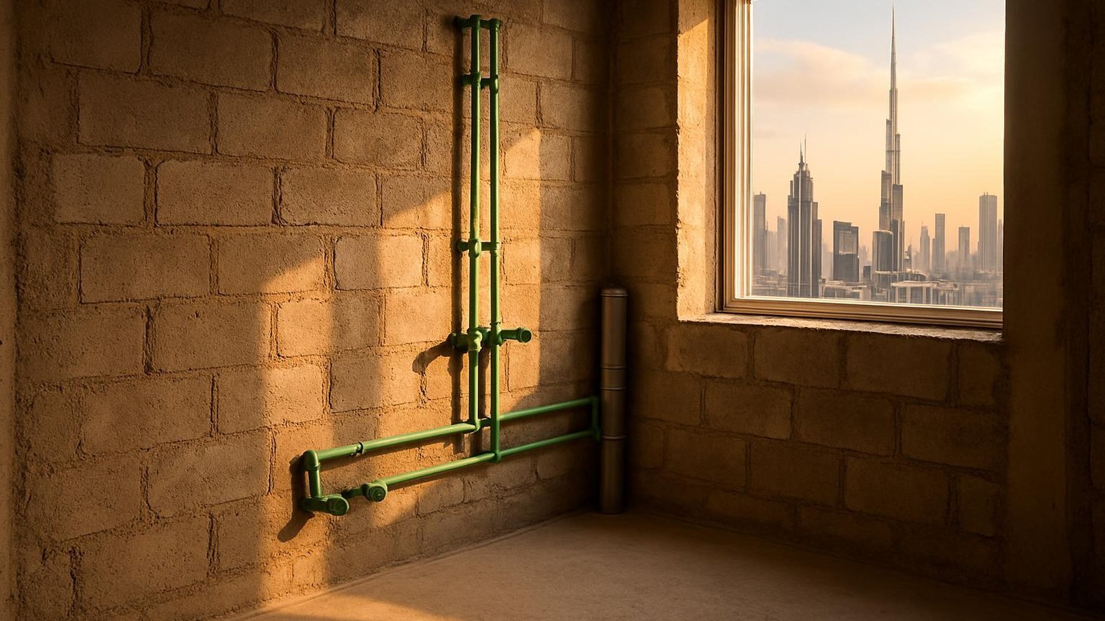 New supply and waste pipes in a bare wall before tiling in a Dubai apartment
