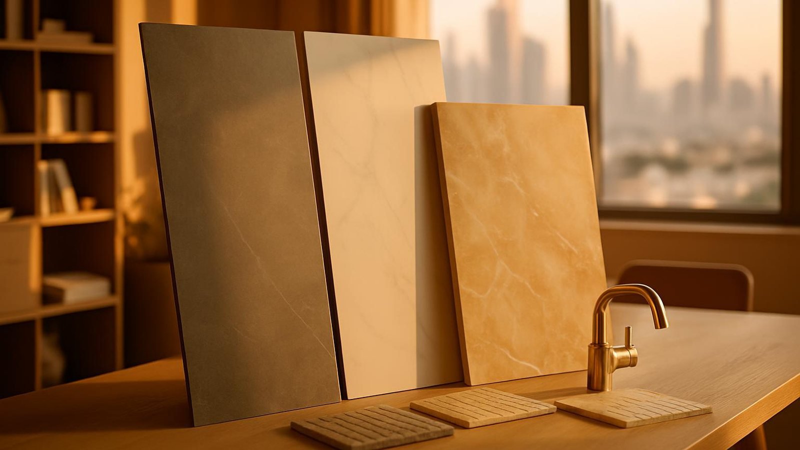 Large format porcelain tile samples and a brass tap sample on an oak table
