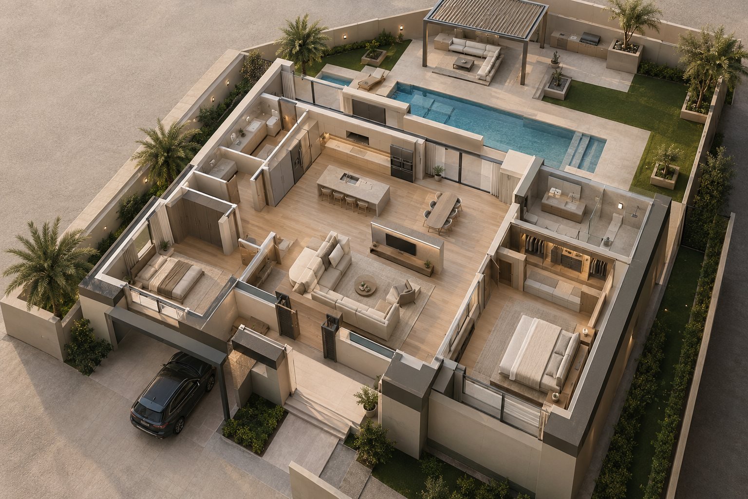 Aerial view of a villa showing the kitchen, living room, bedrooms, bathrooms and the pool and backyard