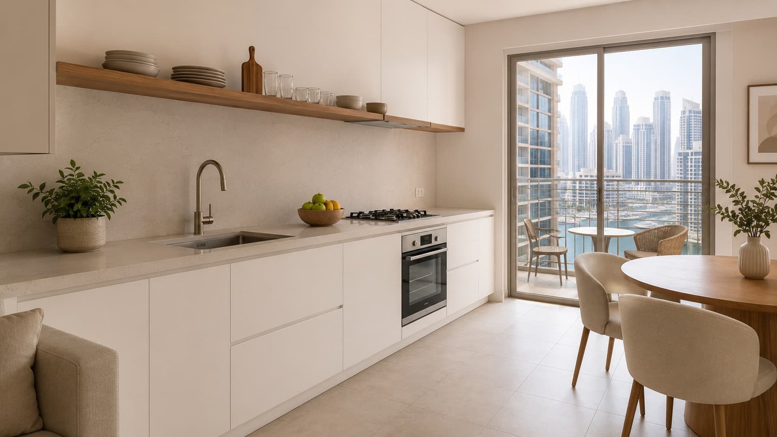Compact modern kitchen in a Dubai Marina short-term rental apartment