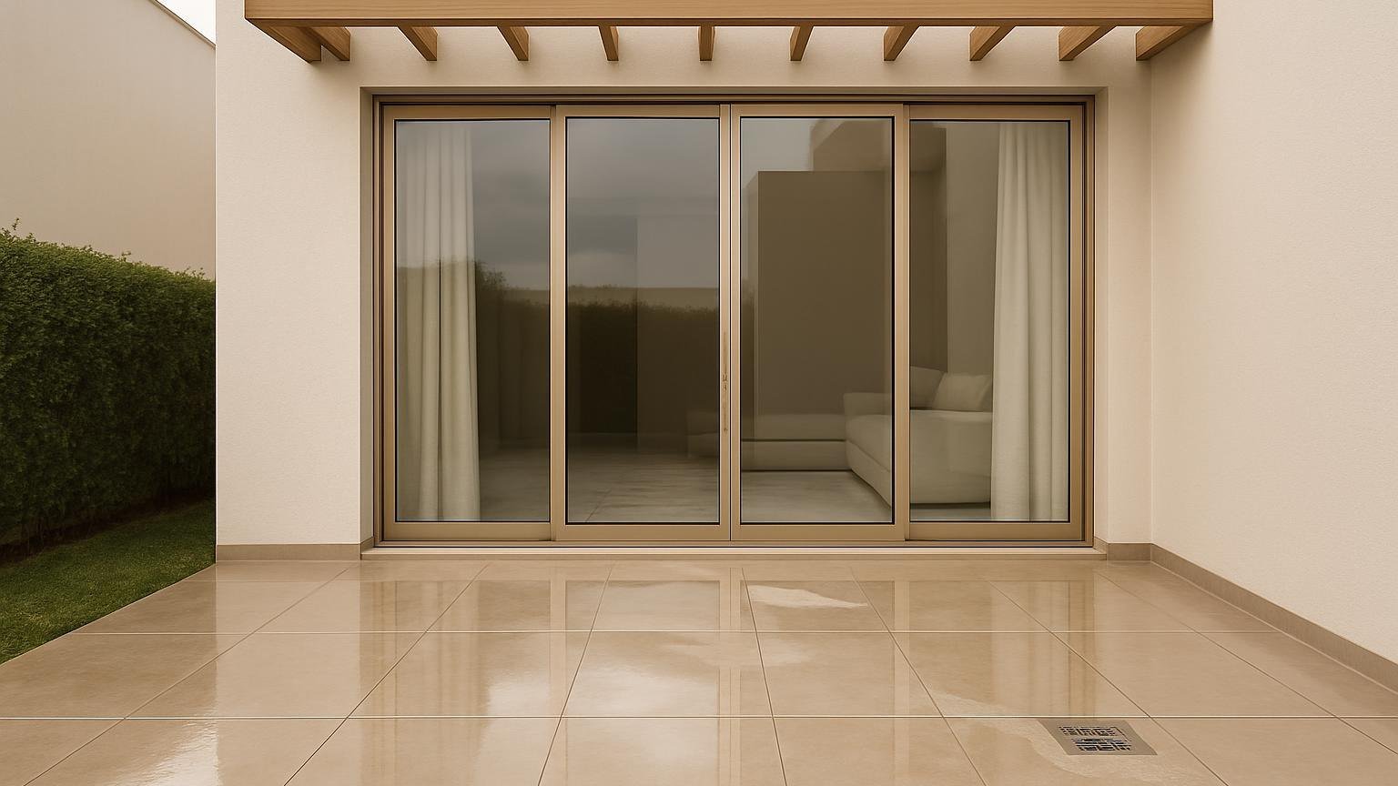 Dubai villa terrace with sliding doors and a clear floor drain after light rain