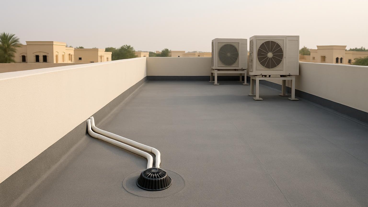 Flat villa roof with a clear rain outlet and grey waterproofing coating