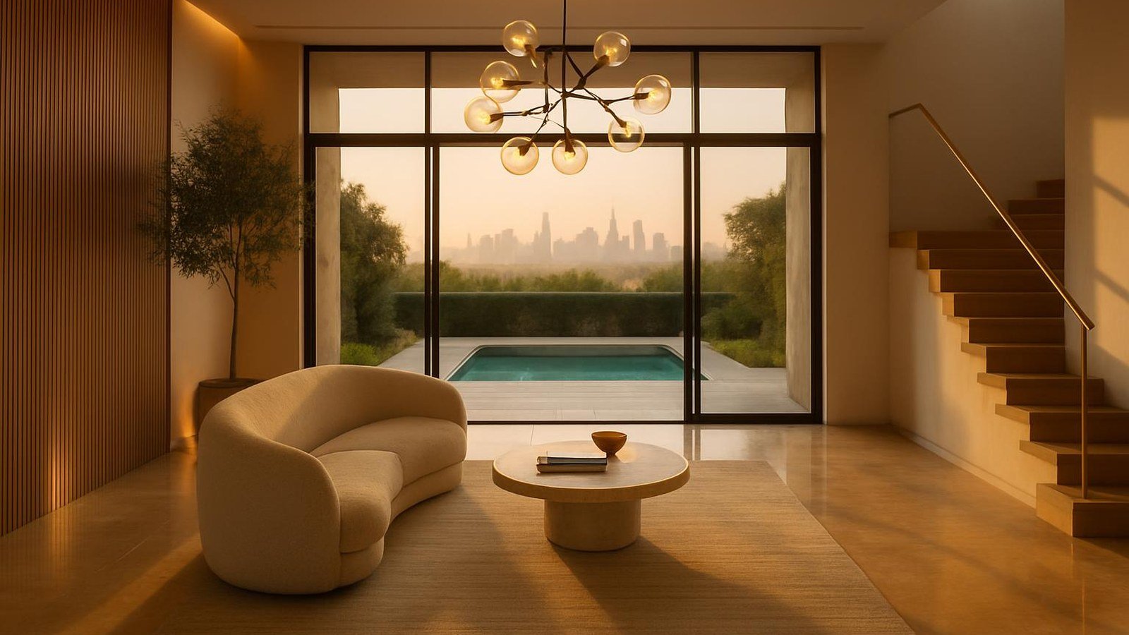 Double height living room in a renovated Dubai villa at golden hour, with a polished stone floor, oak, a boucle sofa and a glass globe chandelier