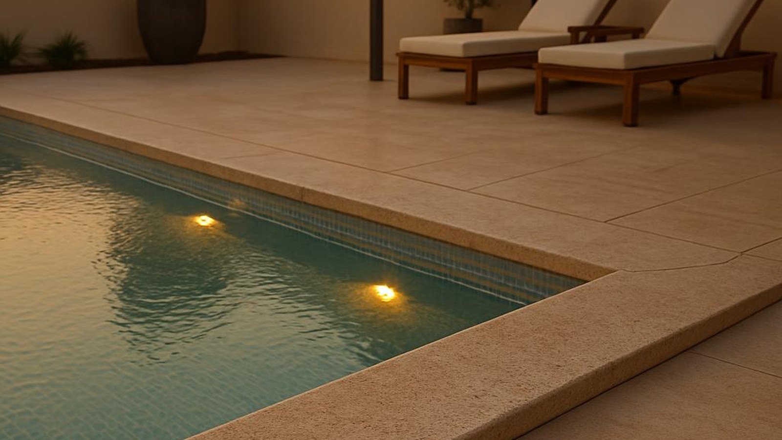 Villa pool terrace with travertine look outdoor tiles, a stone pool edge and warm pool lights at golden hour